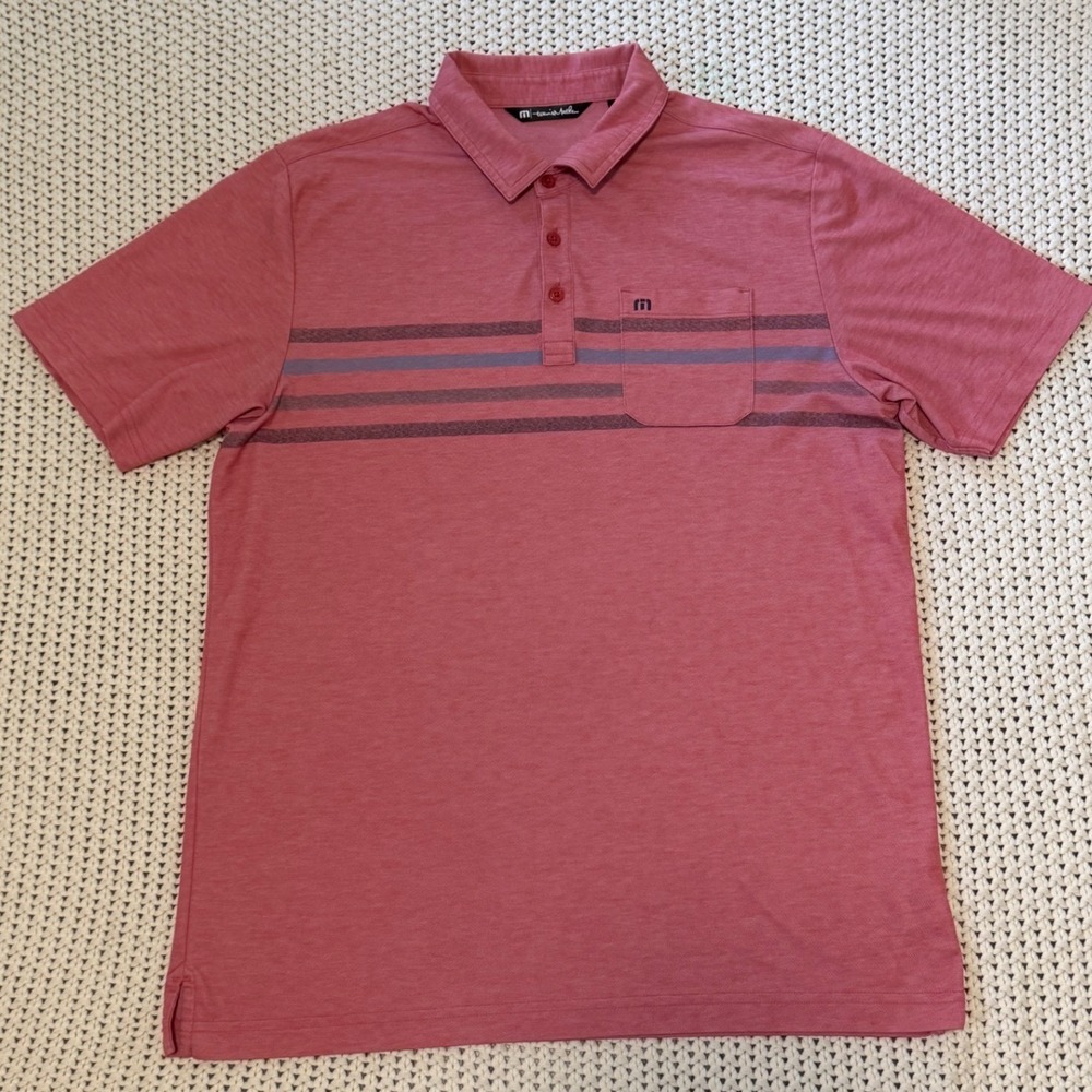 TravisMathew Mens Red Heathered Striped Pima Cotton Blend Polo Golf Shirt Large